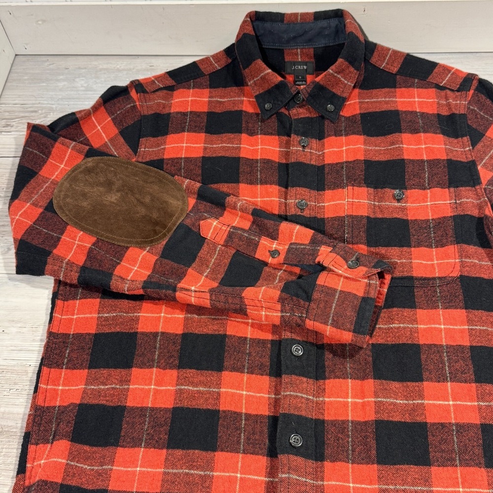 J Crew Mens Flannel Shirt Sz S Wool Blend Suede Elbow Patch Button Up Buffalo